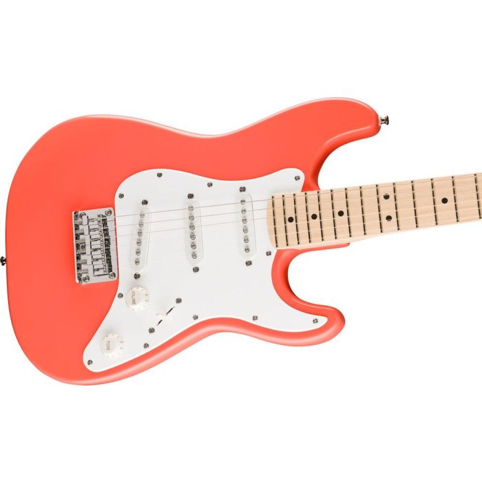 Squier FSR Mini Stratocaster MN Tahitian Coral, angled view