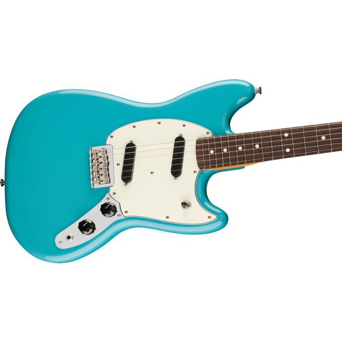 Fender Player II Mustang RW Aquatone Blue, angled view