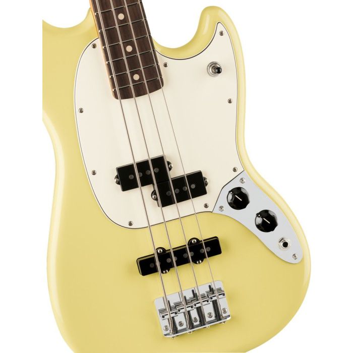 Fender Player II Mustang Bass Pj RW Hialeah Yellow, body closeup