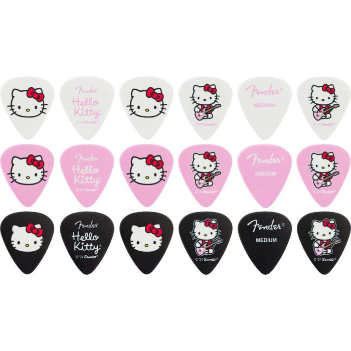 Fender Hello Kitty Pick Tin Medium 18 Pack, picks side by side