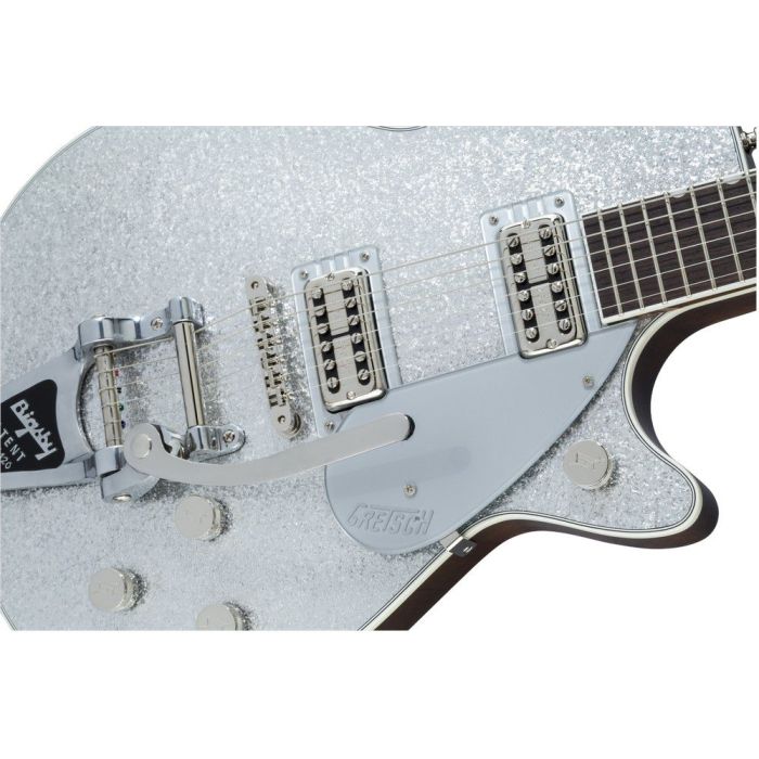 Gretsch G6129t Players Edition Jet Ft w Bigsby RW, Silver Sparkle body closeup