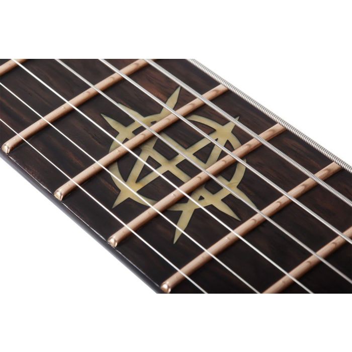 Schecter Synyster Gates Left-Handed Custom 7 TR, Oak Green Metallic 12th-fret closeup