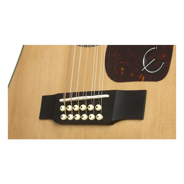 Closeup of the bridge on an Epiphone DR-212 12-String Acoustic Guitar, Natural