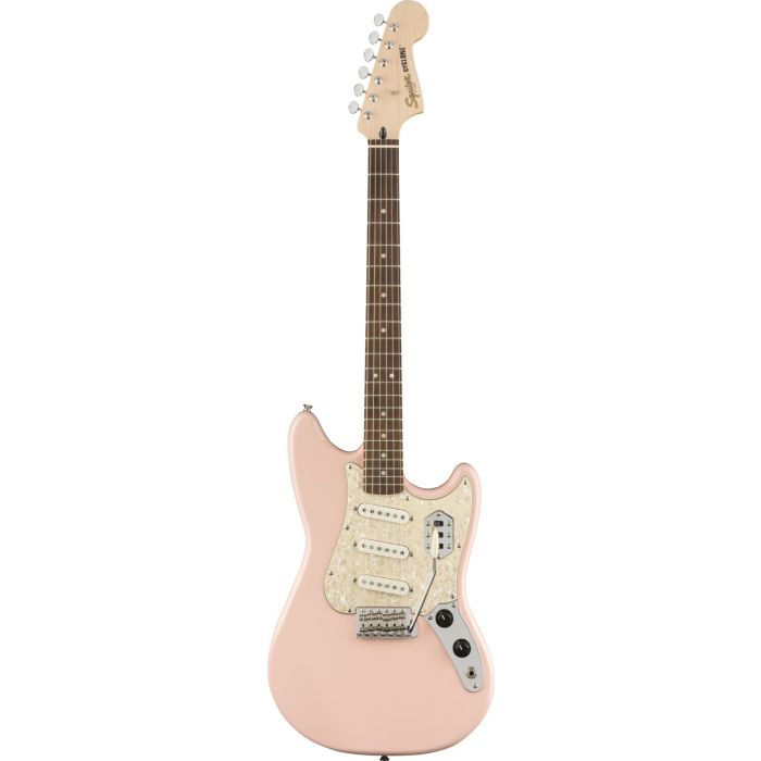 Full frontal view of a Squier Paranormal Cyclone Guitar, Shell Pink