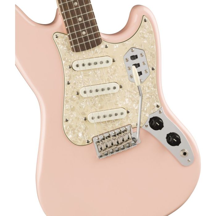 Closeup of the body on a Squier Paranormal Cyclone Guitar, Shell Pink