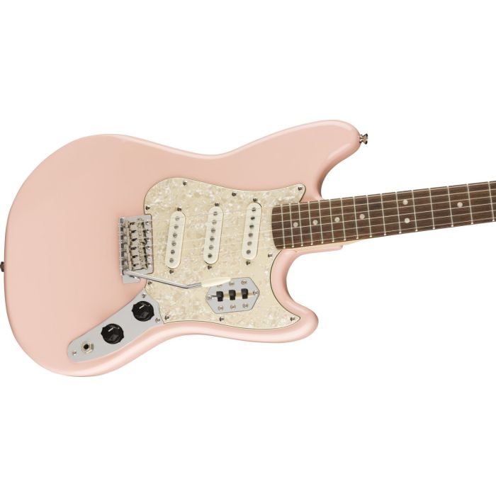 Front angled view of a Squier Paranormal Cyclone Guitar, Shell Pink