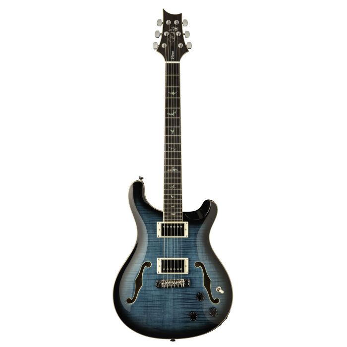 Full frontal view of a PRS SE Hollowbody II Piezo Guitar, Peacock Blue Smokeburst