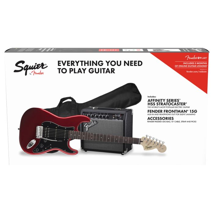 Squier Affinity Series Stratocaster HSS Pack LFb Candy Apple Red bundle 2