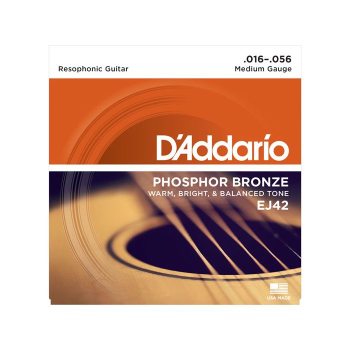 Front image of a DAddario EJ42 Resophonic Guitar Strings 16-56 package