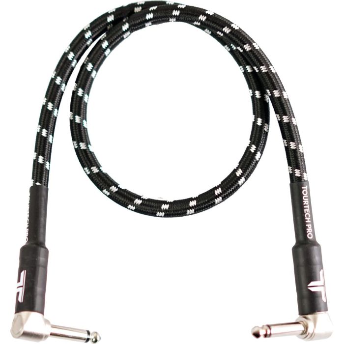 Full view of a TOURTECH Pro Angled Braided Black and Grey 2ft Guitar Cable