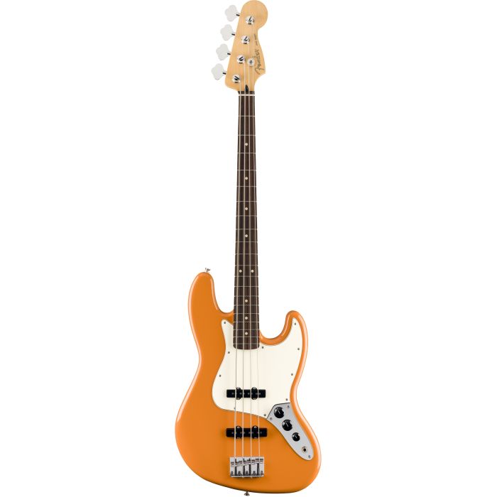 Full frontal view of a Fender Player Jazz Bass PF Capri Orange