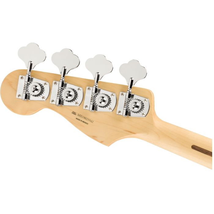 Rear view of the headstock on a Fender Player Jazz Bass PF Capri Orange