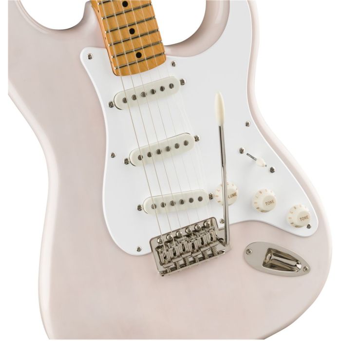 Closeup front view of a Squier Classic Vibe 50s Stratocaster MN White Blonde