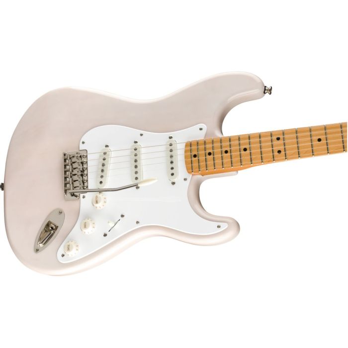 Front angled view of a Squier Classic Vibe 50s Stratocaster MN White Blonde
