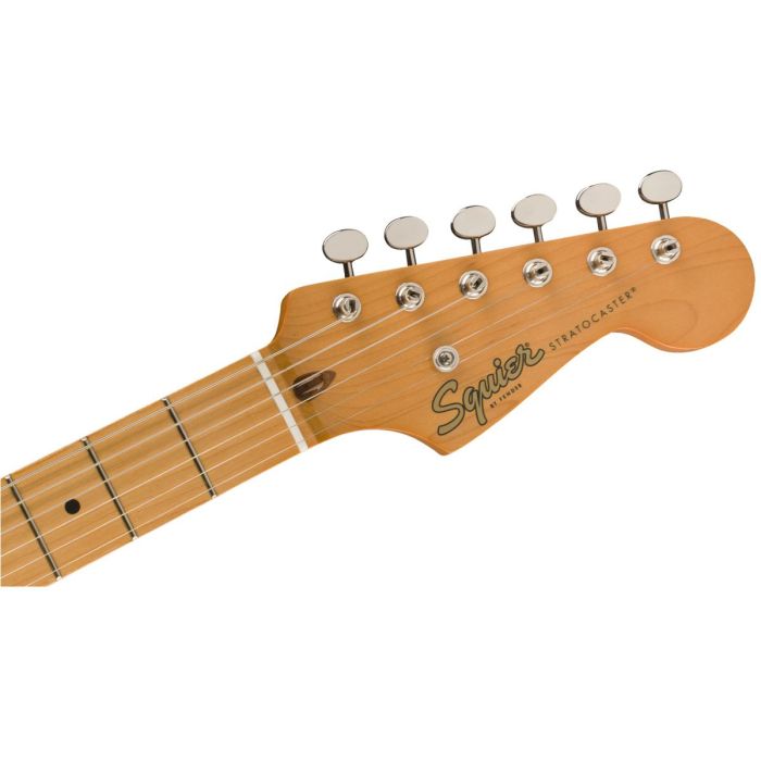 Front view of the headstock on a Squier Classic Vibe 50s Stratocaster MN White Blonde