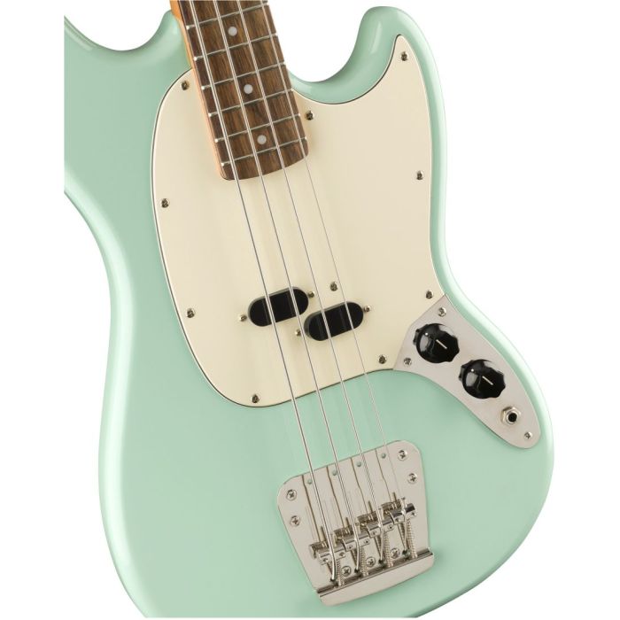 Front closeup view of a Squier Classic Vibe 60s Mustang Bass Surf Green