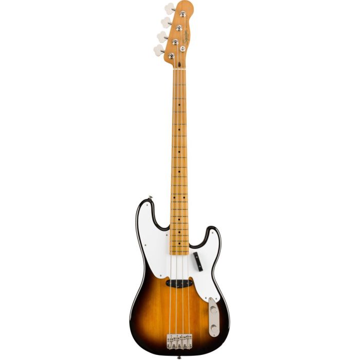 Full frontal view of a Squier Classic Vibe 50s Precision Bass MN 2 Tone Sunburst