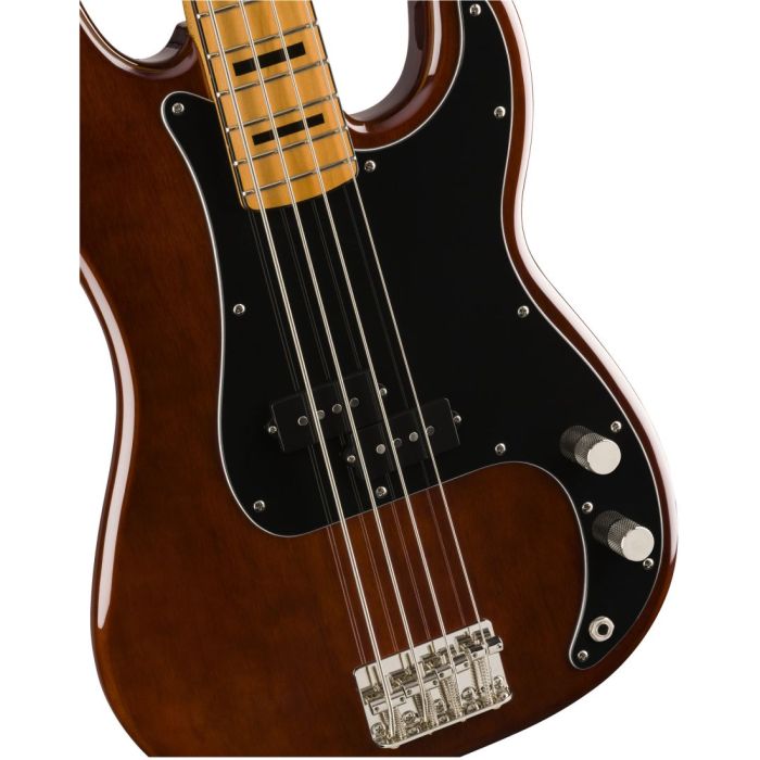 Front closeup view of a Squier Classic Vibe 70s Precision Bass MN Walnut