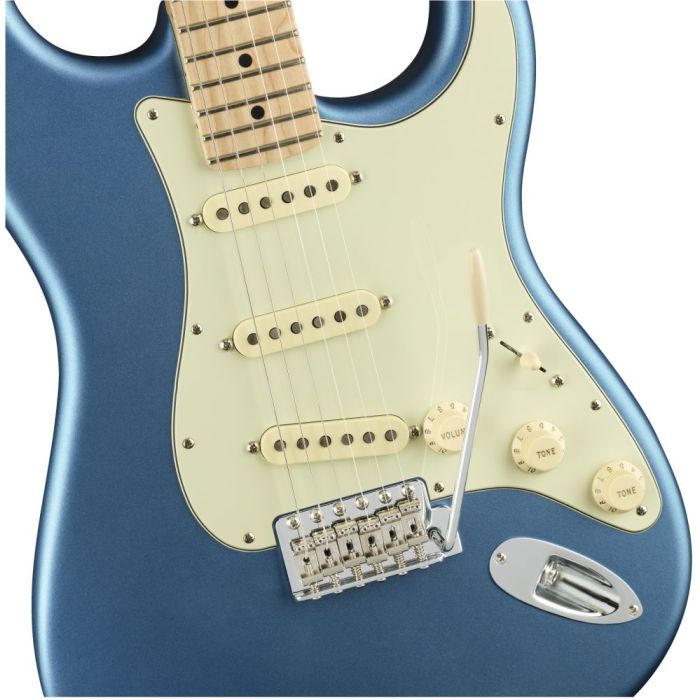 Front closeup view of a Fender American Performer Stratocaster MN Satin Lake Placid Blue