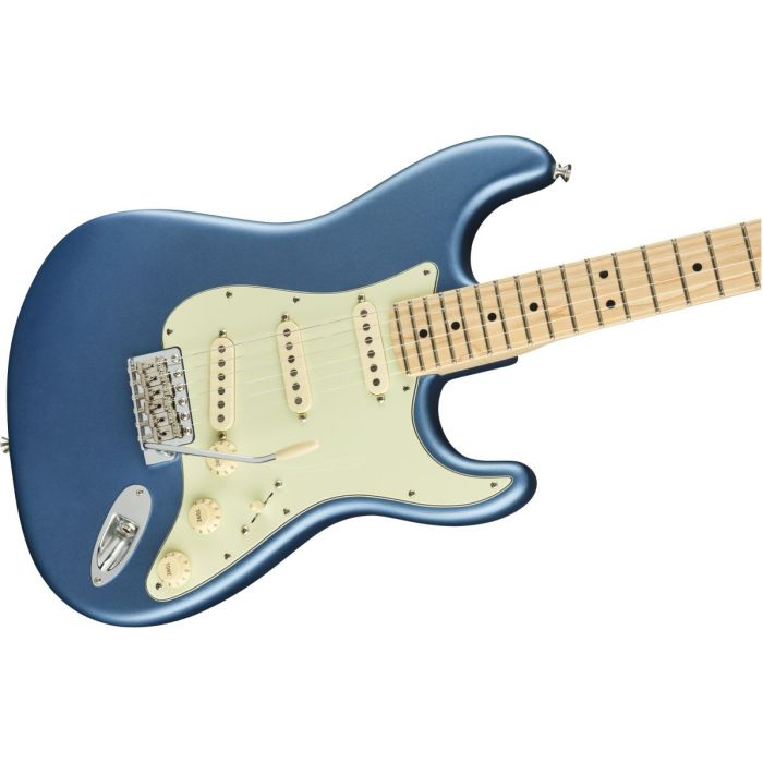 Front angled view of a Fender American Performer Stratocaster MN Satin Lake Placid Blue