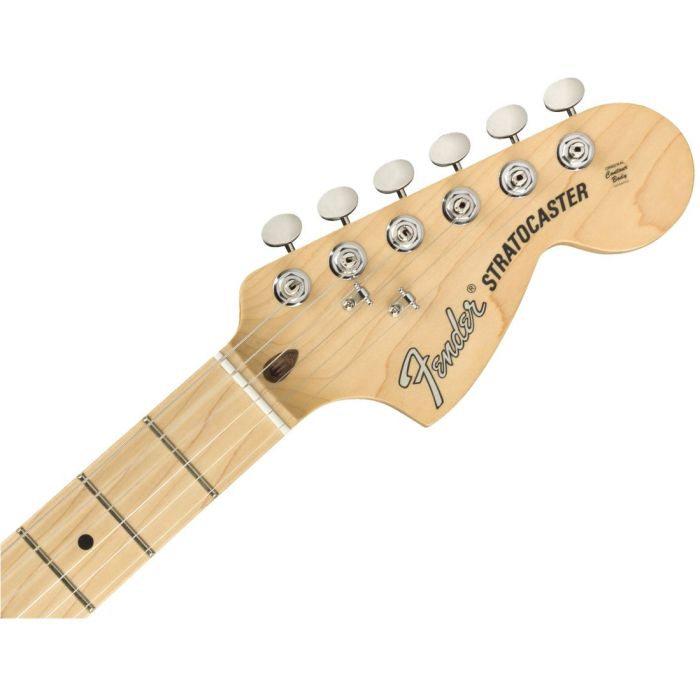 Front view of the headstock on a Fender American Performer Stratocaster MN Satin Lake Placid Blue