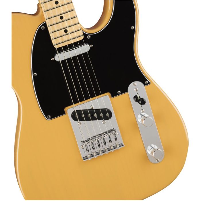 Front closeup view of a Fender Player Telecaster MN Butterscotch Blonde