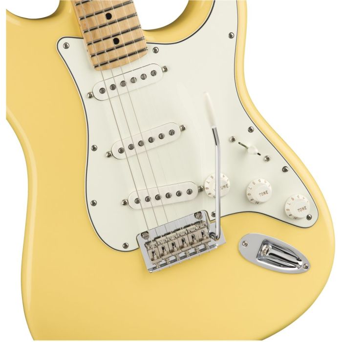 Front closeup view of a Fender Player Stratocaster MN Buttercream