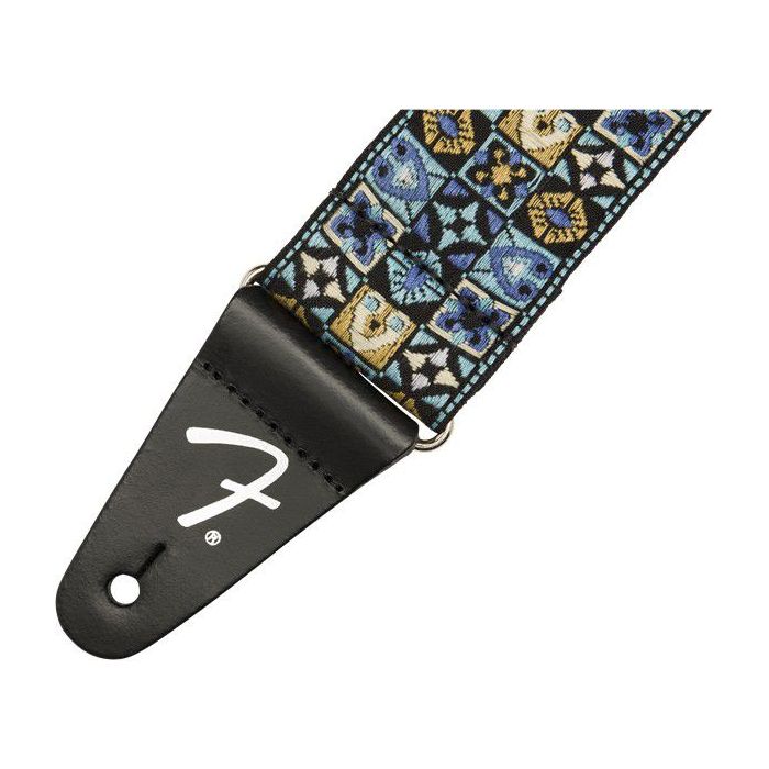 Closeup of the logo on a Fender Festival Guitar Strap in Blue