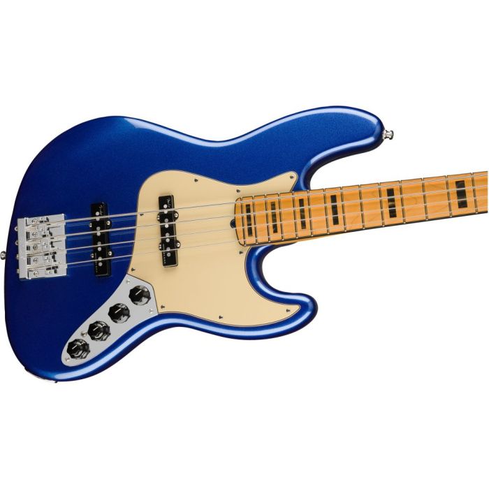 Front angled view of a Fender American Ultra Jazz Bass MN Cobra Blue