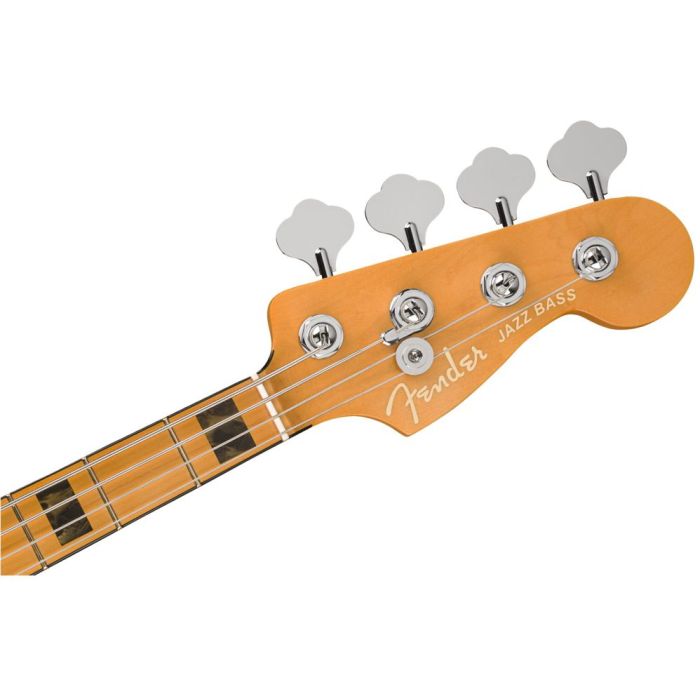 Front view of the headstock on a Fender American Ultra Jazz Bass MN Cobra Blue