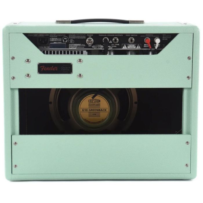 Rear view of the open-backed cabinet of a Fender FSR 68 Princeton Reverb in Surf Green