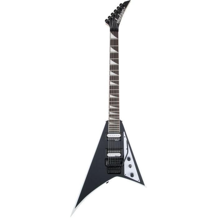 Front view of a Randy Rhoads signature JS Series Jackson guitar, in a Black finish with White Bevels