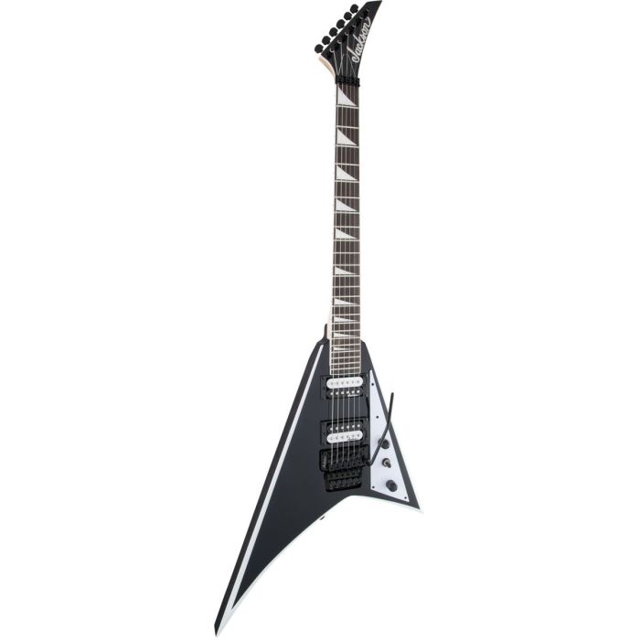 Front tilted view of a Randy Rhoads Jackson JS series guitar, with a black and white finish