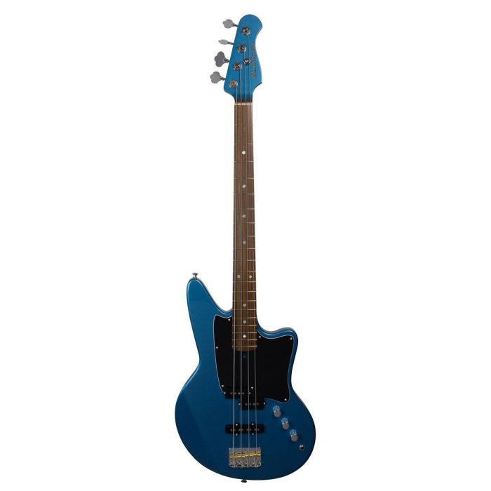 Full frontal view of an Ashdown The Saint 4 Bass Guitar, Lake Placid Blue Metalic