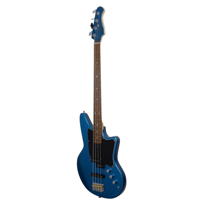 Front right angled view of an Ashdown The Saint 4 Bass Guitar, Lake Placid Blue Metalic