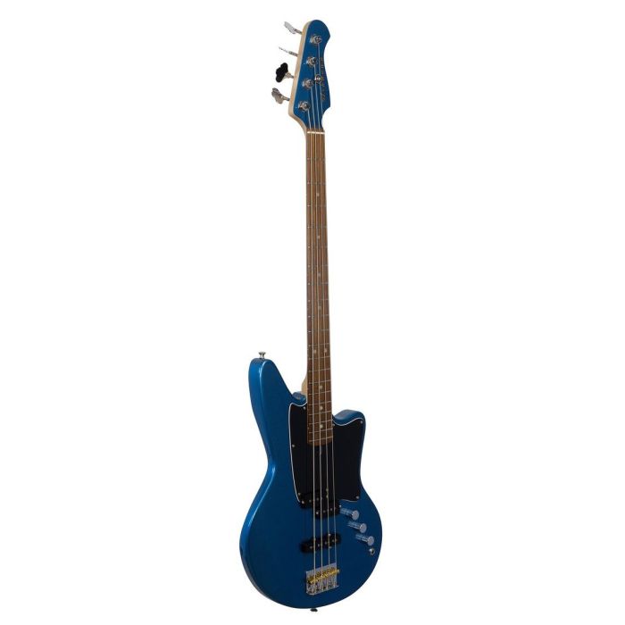 Front left angled view of an Ashdown The Saint 4 Bass Guitar, Lake Placid Blue Metalic