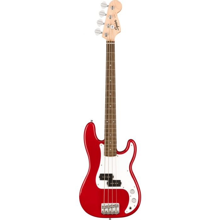 Full frontal view of a Squier Mini Precision Bass, Dakota Red