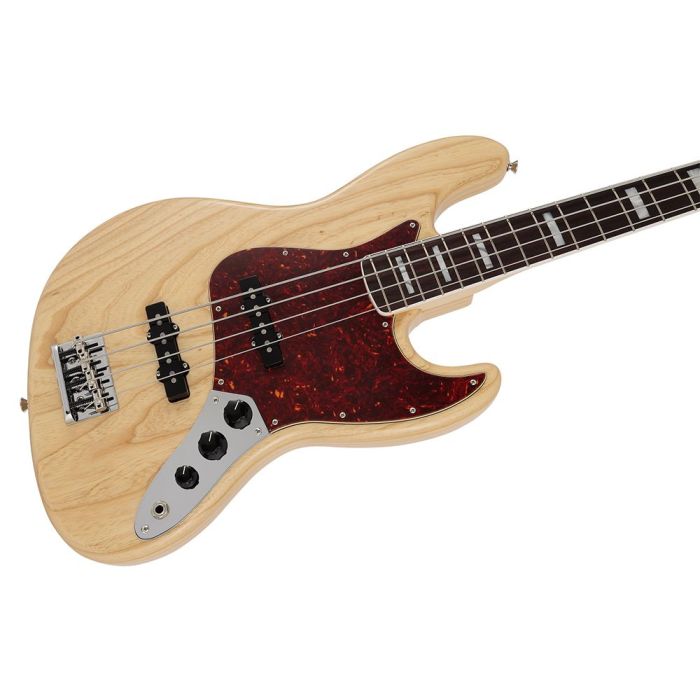 Closeup of the body on a Fender MIJ Limited Collection Jazz Bass, Natural