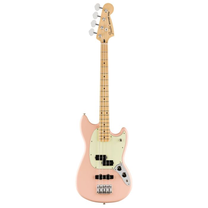 Full frontal view of a Fender Limited Edition Mustang Bass Maple Neck Shell Pink