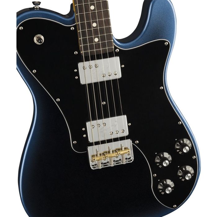 Closeup of the body on a Fender American Professional II Telecaster Deluxe RW, Dark Night