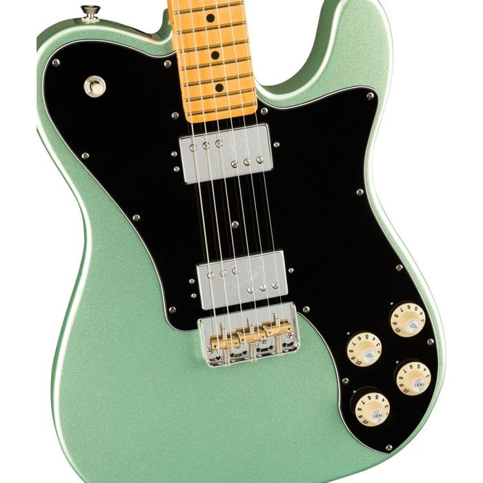 Closeup of the body on a Fender American Professional II Telecaster Deluxe, Mystic Surf Green