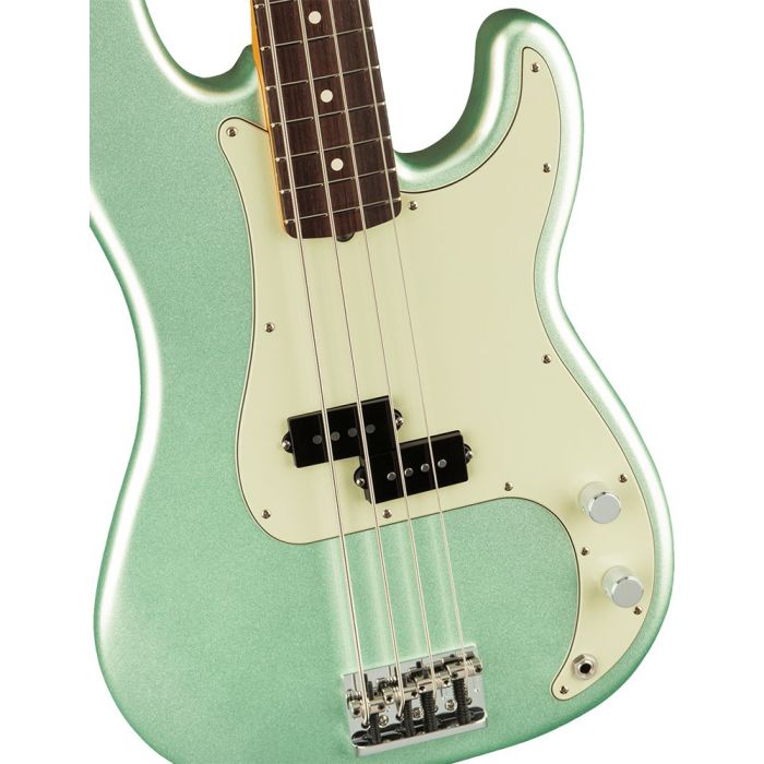 Closeup of the body on a Fender American Professional II Precision Bass RW, Mystic Surf Green