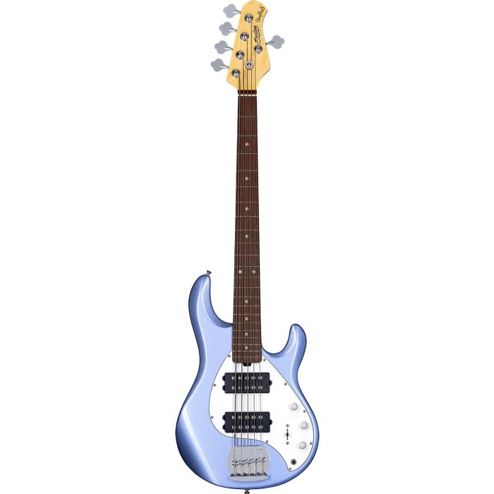 Full frontal view of a Sterling By Music Man SubRay 5 HH Bass in Lake Blue Metallic