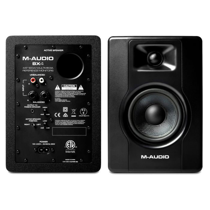 Front and Back of M-Audio BX4 Powered Studio Reference Monitor Pair