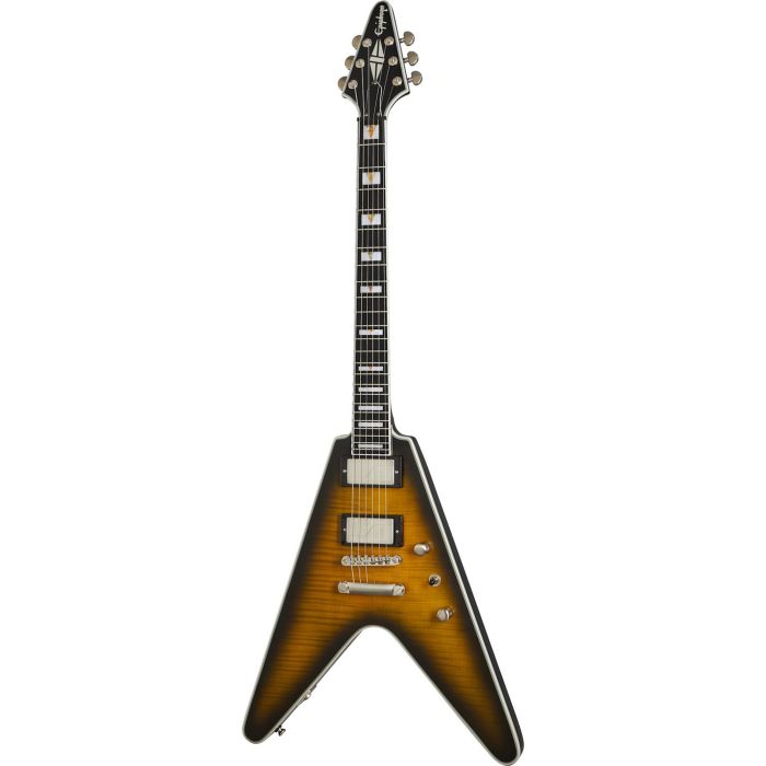 Full front view of an Epiphone Flying V Prophecy, Yellow Tiger Aged Gloss