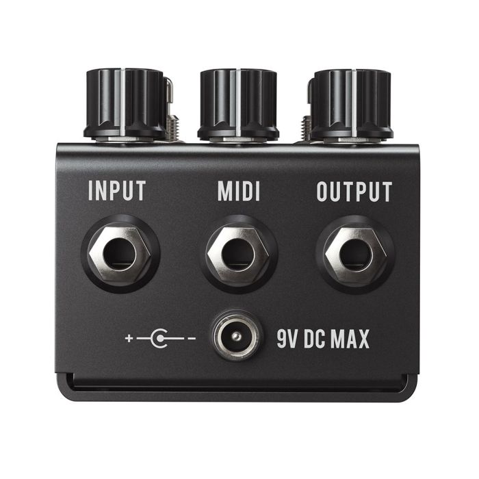 Closeup of the inputs on a Jackson Audio Broken Arrow Flexible Overdrive Pedal