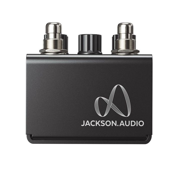 Closeup of the logo on a Jackson Audio Broken Arrow Flexible Overdrive Pedal