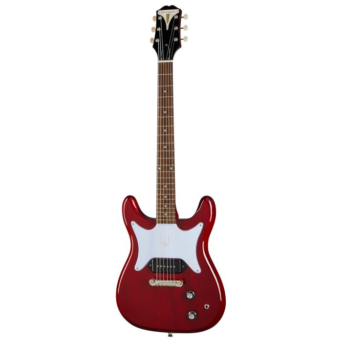 Full frontal view of an Epiphone Original Coronet Electric Guitar, Cherry