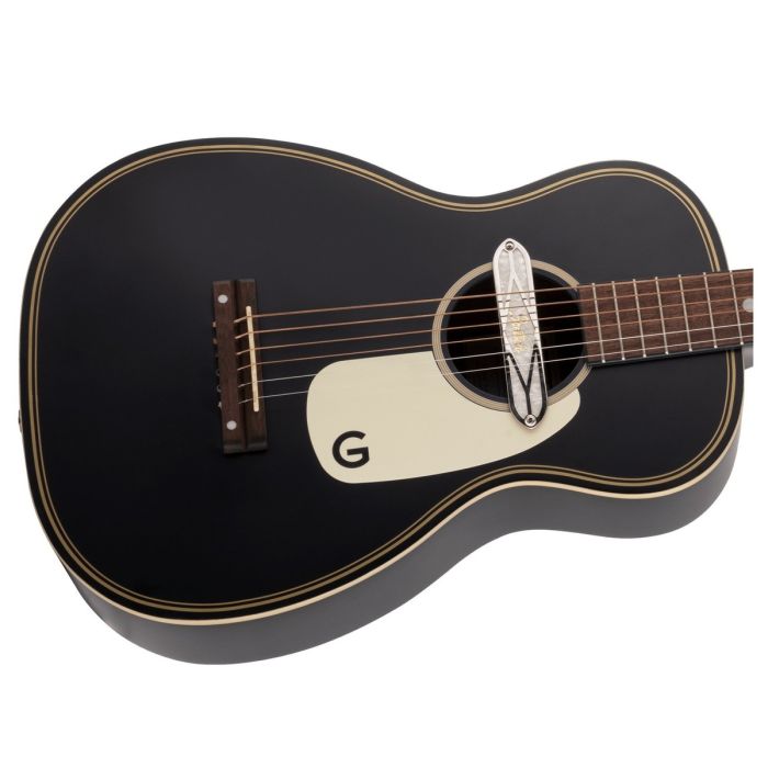 Close up body view of the Gretsch G9520E Gin Rickey Electro-Acoustic in Smokestack Black