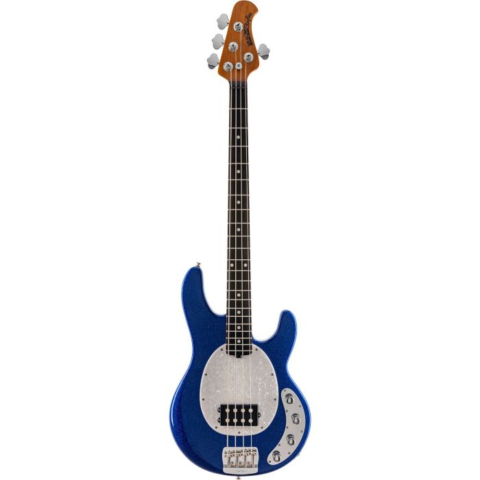 Full frontal view of a Music Man Stingray Special Bass, Tectonic Blue Sparkle